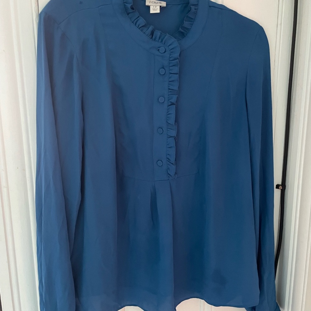 J. Crew Blue Button-Up Blouse with Ruffle Trim